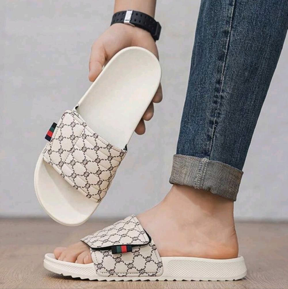 Designer-Style Cream Patterned Slide Sandals - Picture 3 of 3